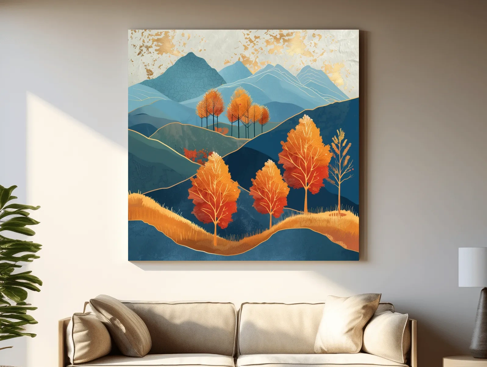 Autumn Aspen Trees In Layered Blue Mountains - Modern Gold Leaf Style Wall Art