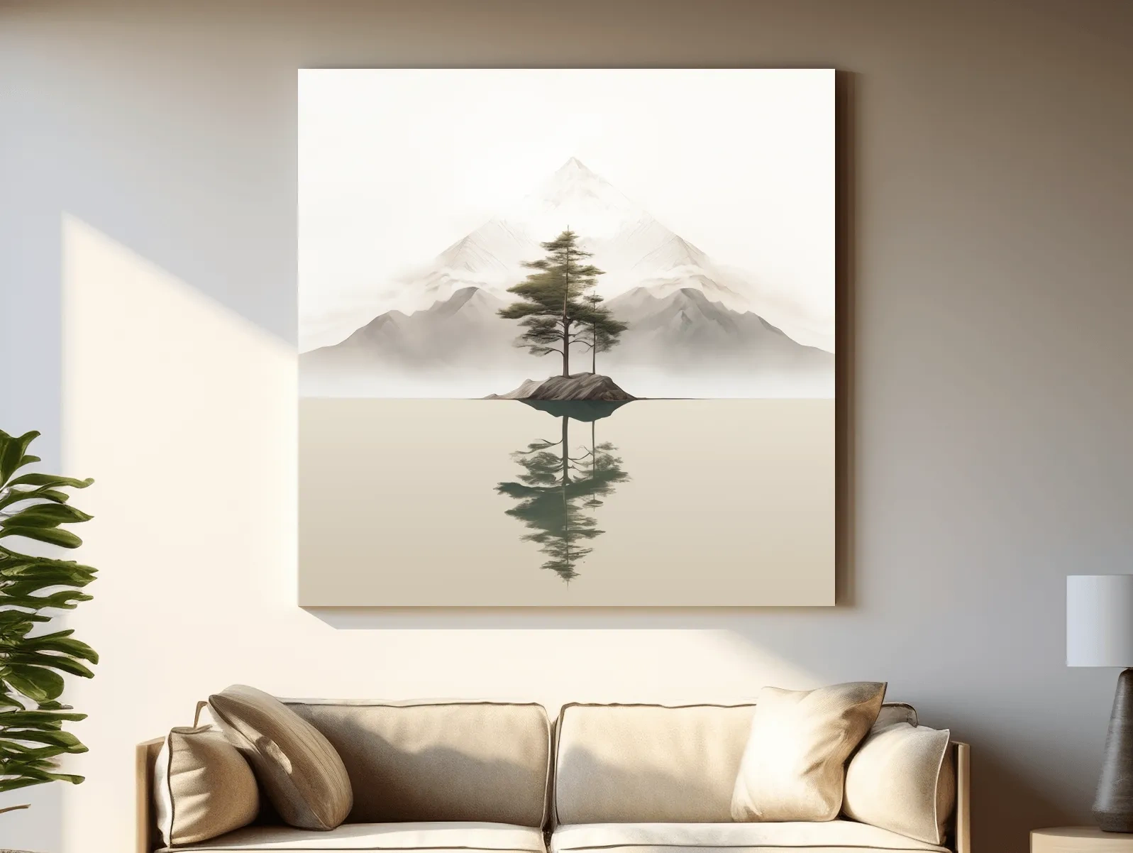 Minimalist Misty Lake Landscape Artwork - Serene Zen Pine Tree Reflection Art