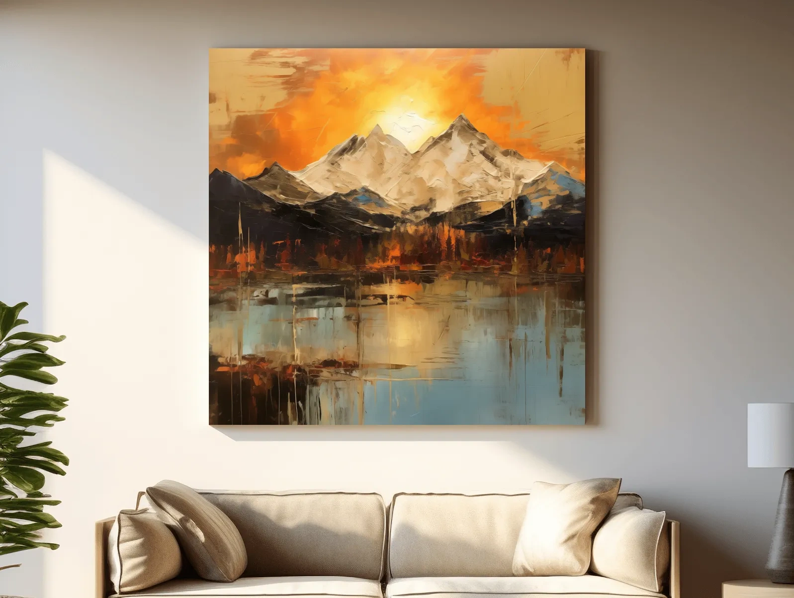 Abstract Mountain Lake Sunset - Textured Effect Alpine Wall Art