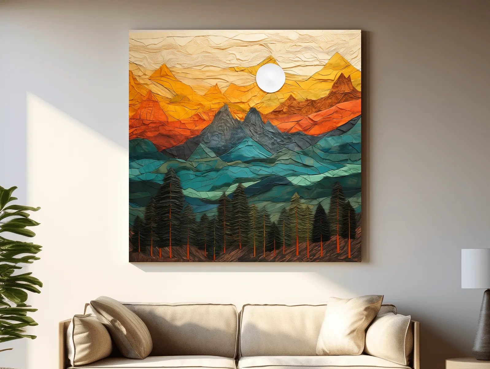 Layered Paper Cut Style Mountain Sunset - Colorful Abstract Forest Landscape Wall Art
