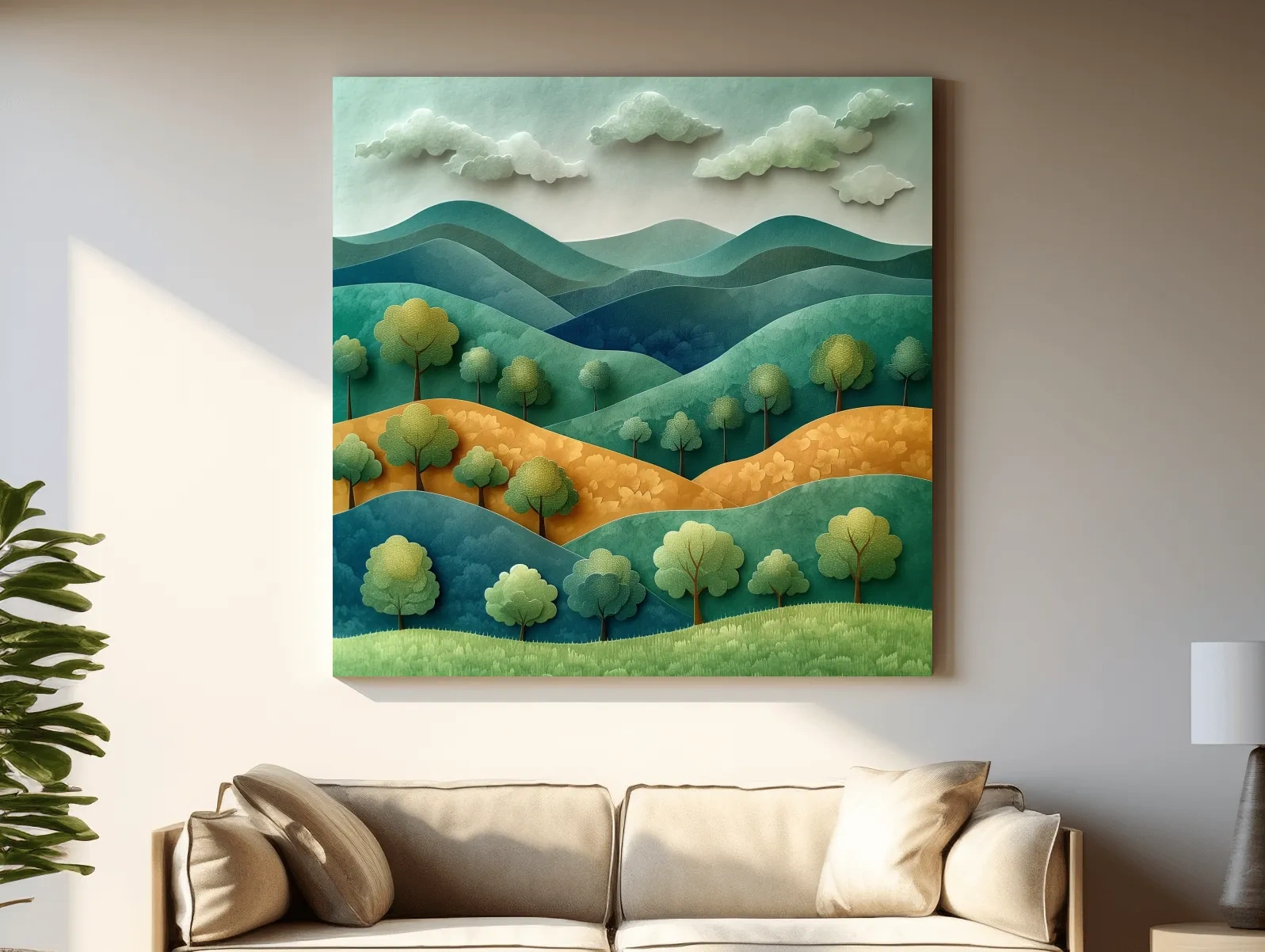 Whimsical Paper Cut Forest Hillscape - Layered 3D Mountains Landscape Wall Art