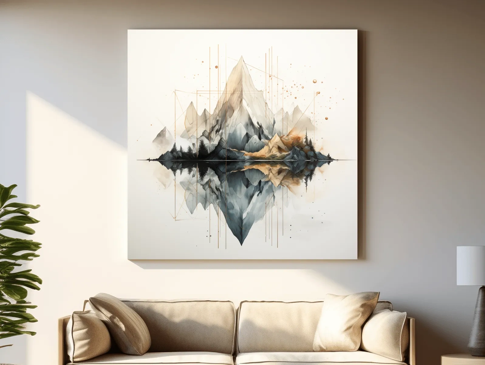 Geometric Watercolor Mountain Reflection Landscape - Modern Minimalist Wall Art