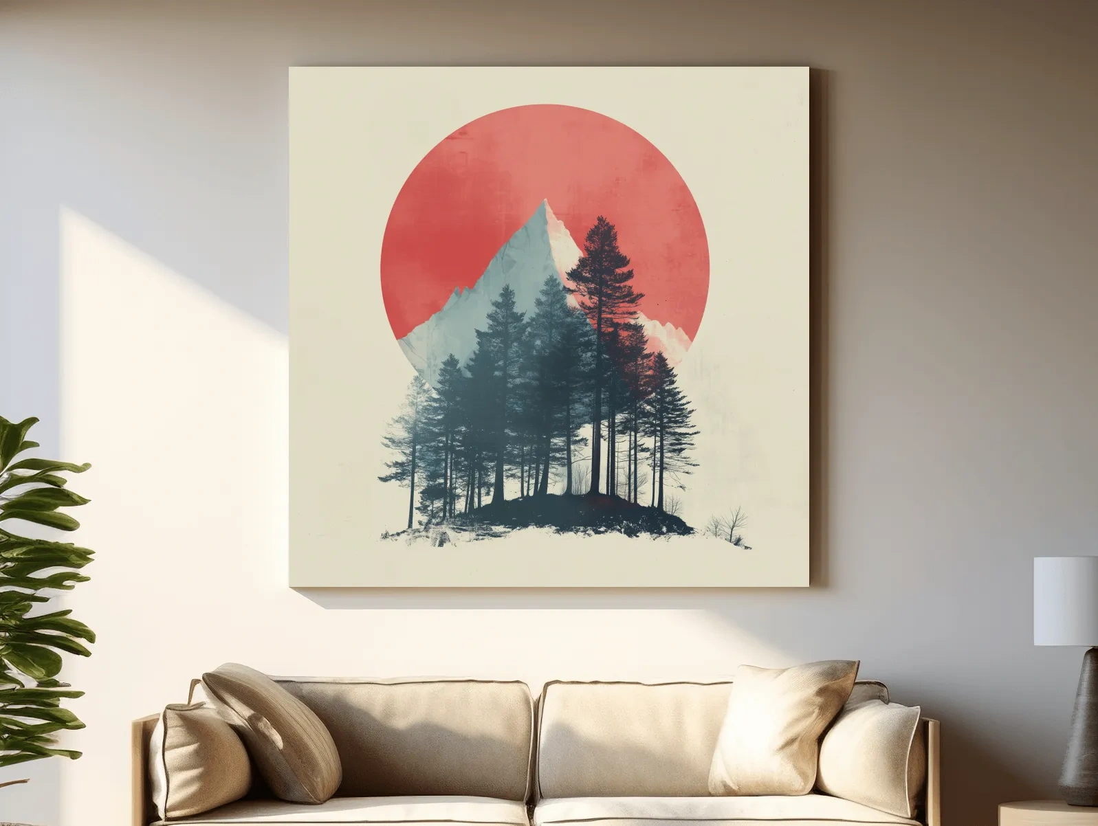 Minimalist Mountain Peak Pine Forest - Scandinavian Sunset Landscape Wall Art