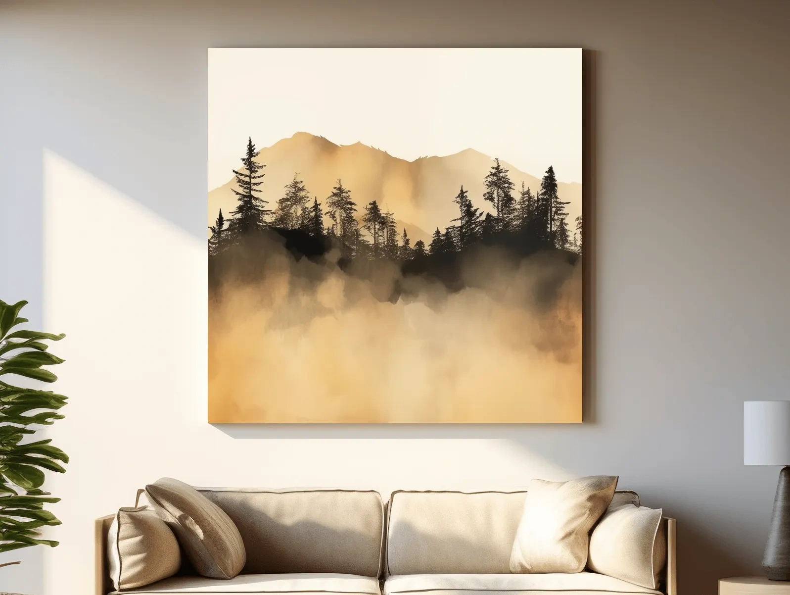 Misty Golden Mountain Pine Forest - Sepia Watercolor Landscape Wall Art