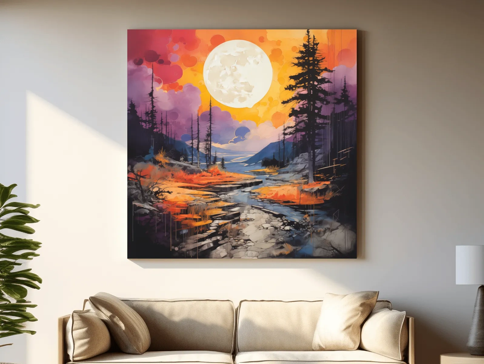 Vibrant River Valley Landscape Illustration - Abstract Sunset Forest Wall Art