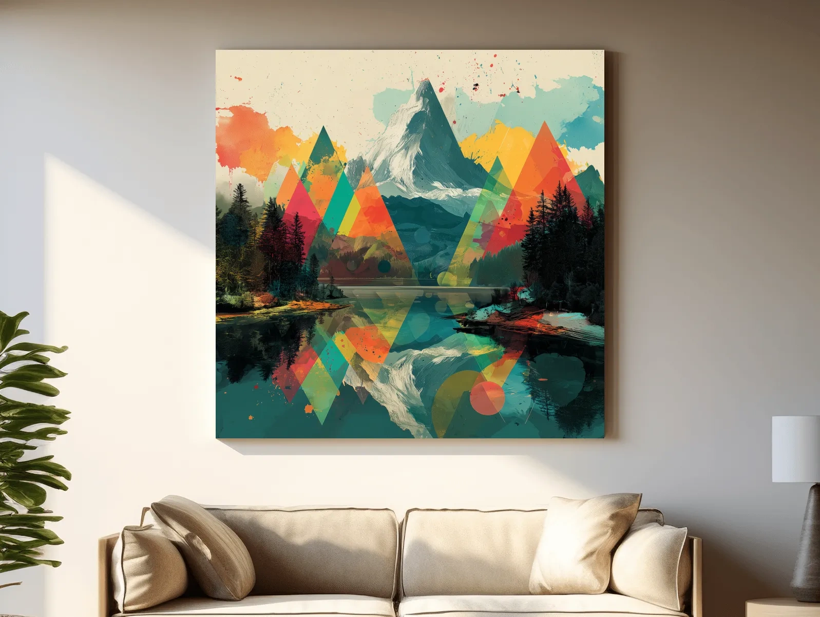 Vibrant Abstract Mountain Lake Collage Art - Colorful Alpine Wall Art