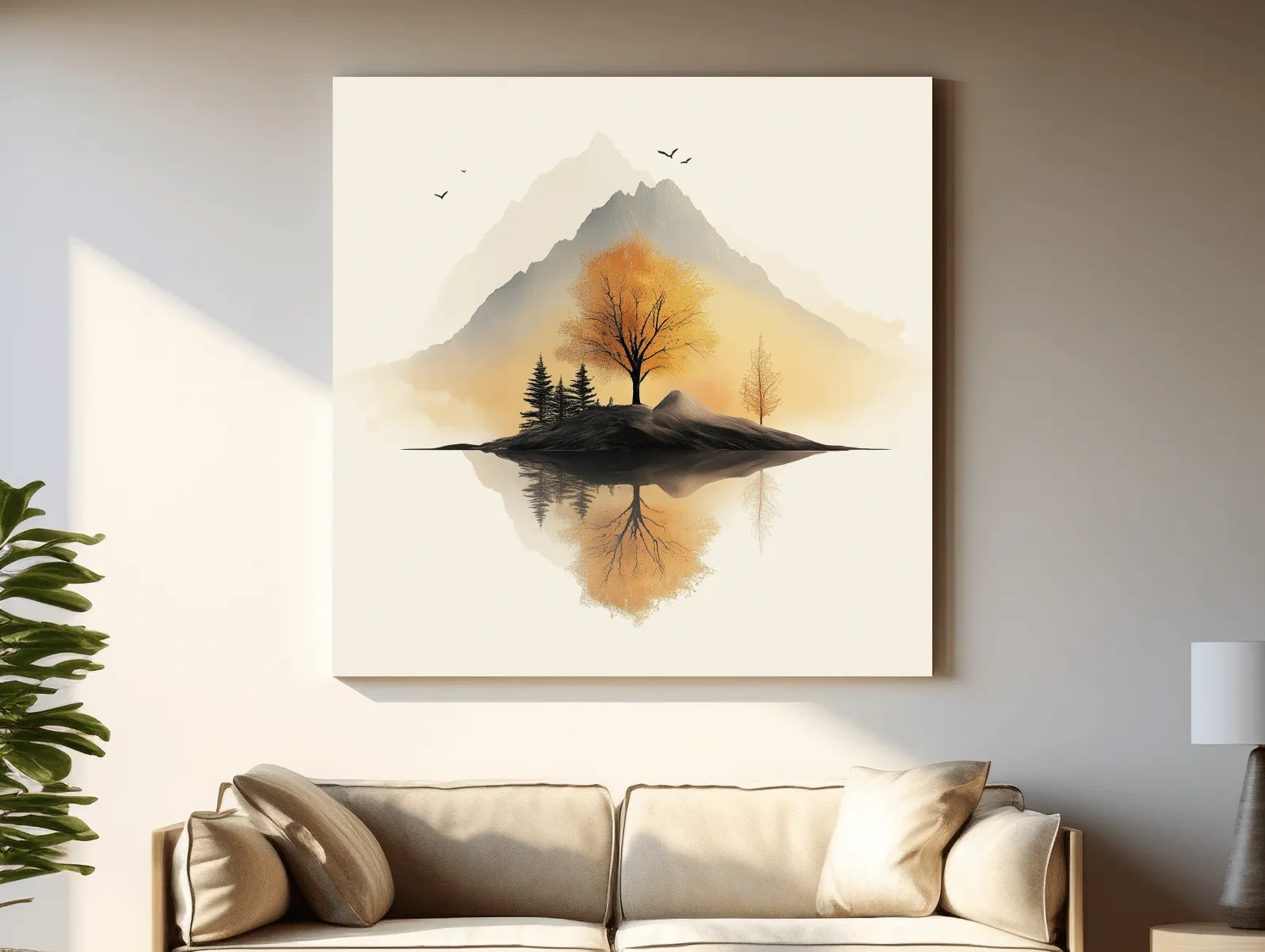 Minimalist Misty Mountain Lake Illustration - Serene Autumn Tree Landscape Wall Art