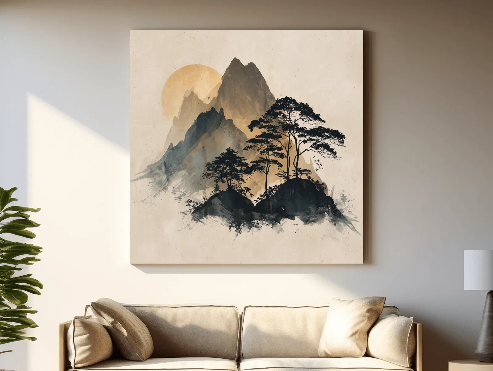 Zen Ink Wash Mountain Sunrise - Minimalist Japanese Pine Landscape Wall Art