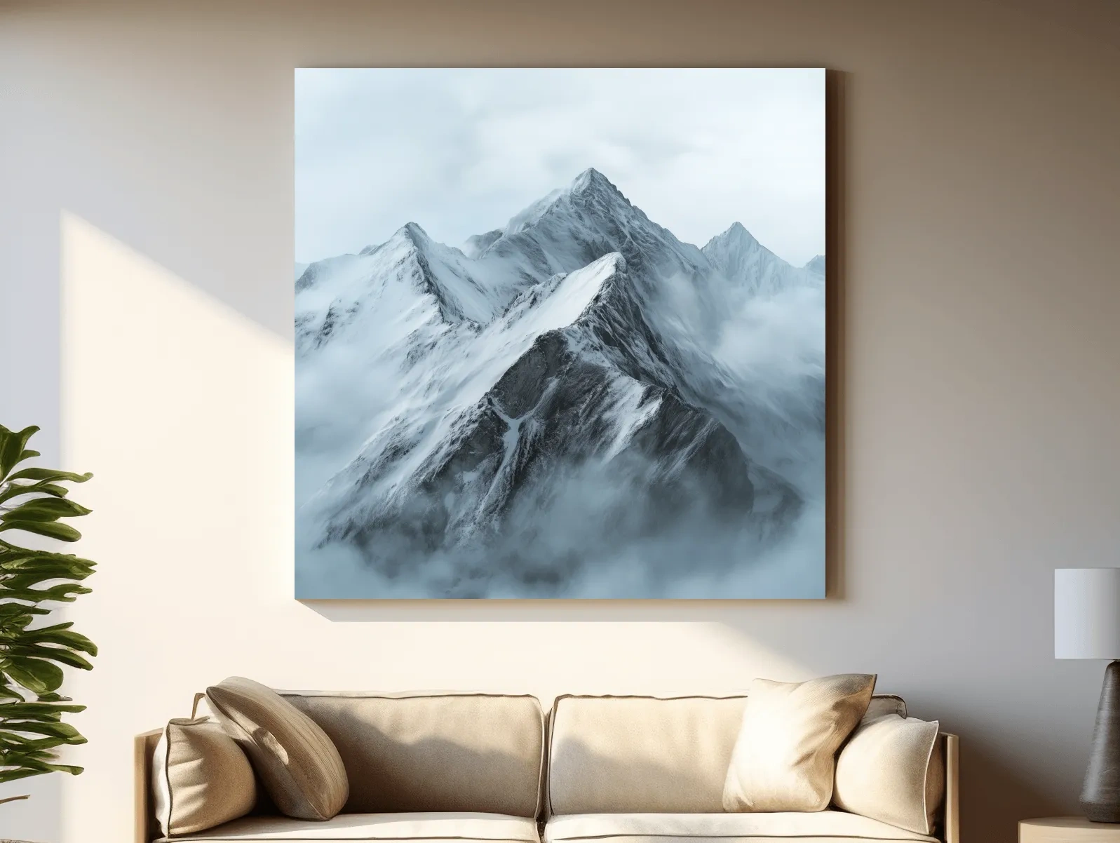 Misty Snowcapped Alpine Peak Landscape - Monochrome Photographic Mountain Wall Art