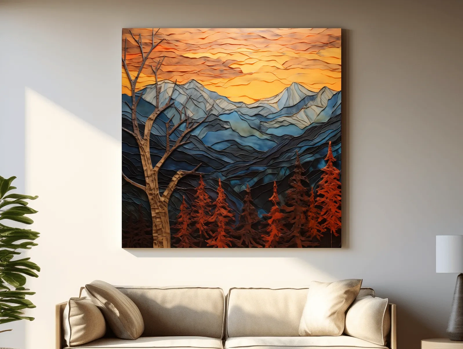 Layered Paper Cut Alpine Mountain Sunset - Mixed Media 3D Landscape Wall Art