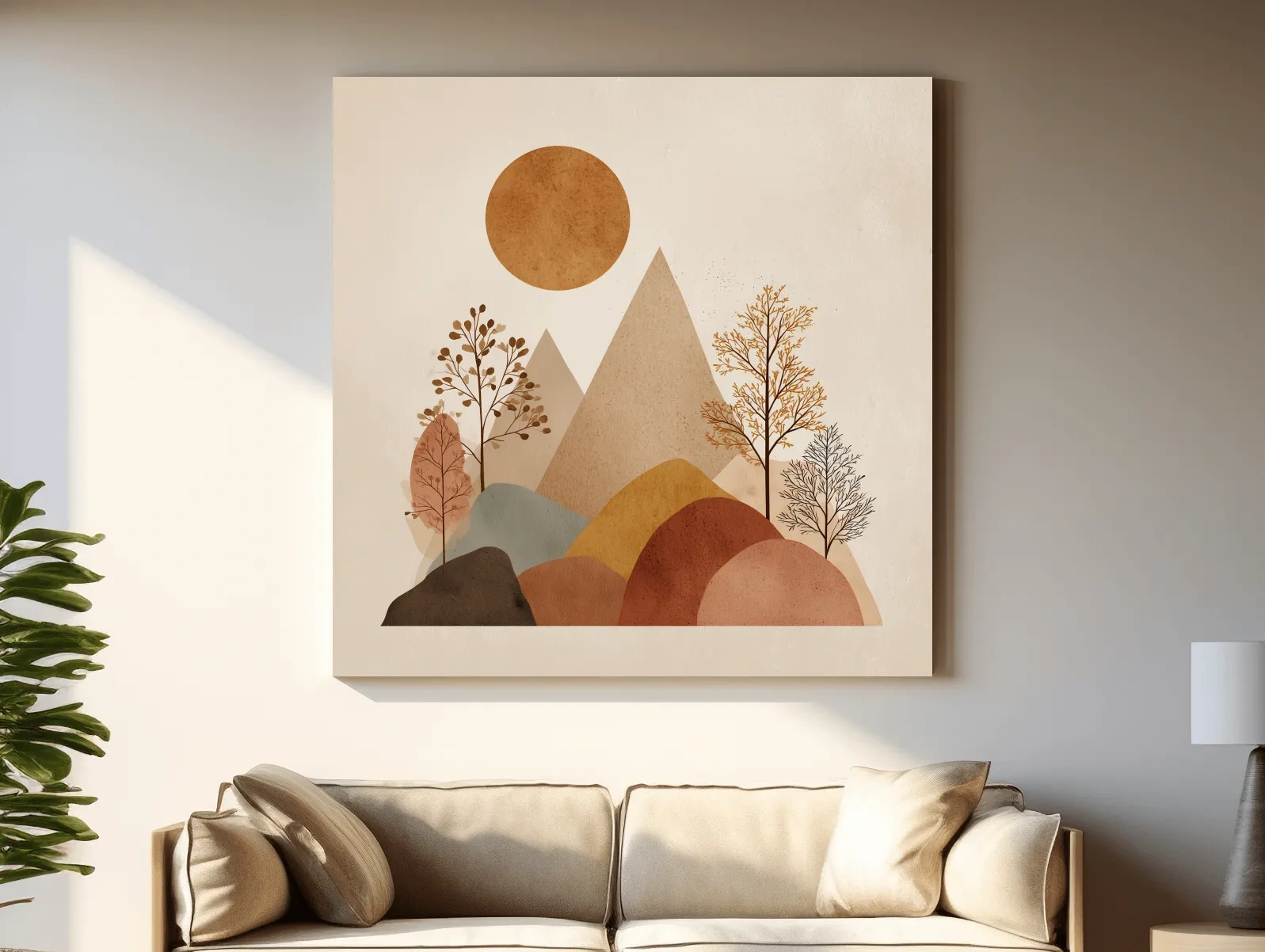 Minimalist Scandi Mountain Sunset Landscape - Boho Neutral Earth Tone Wall Art