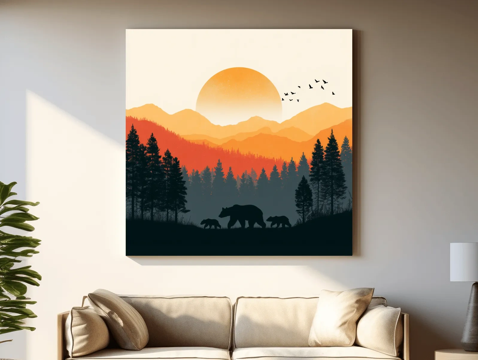 Sunset Mama Bear & Cubs Silhouette - Wildlife Forest Landscape Wall Art