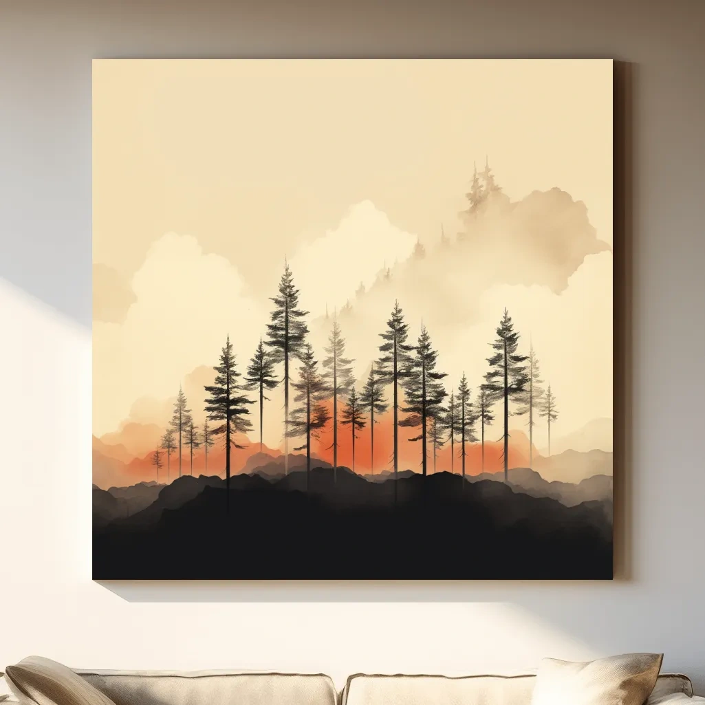 Misty Pine Forest Silhouettes At Sunrise - Minimalist Watercolor Mountain Wall Art