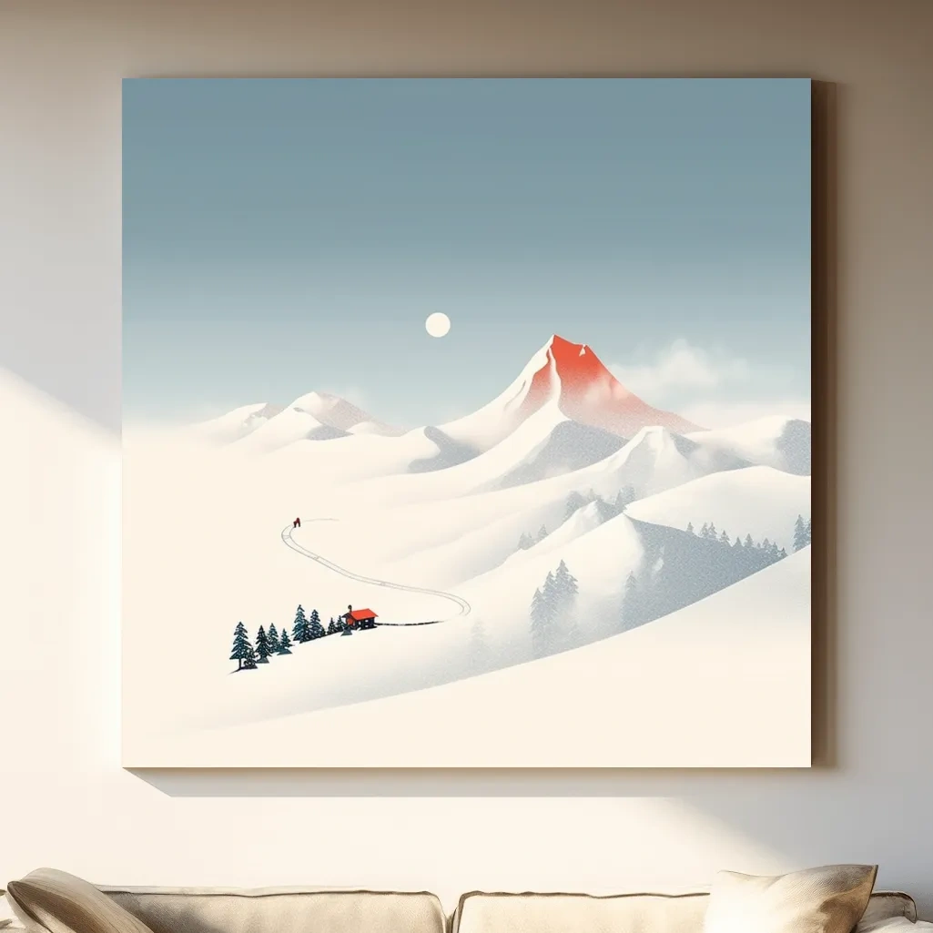 Minimal mountain art, skier leaves skin tracks from the cabin