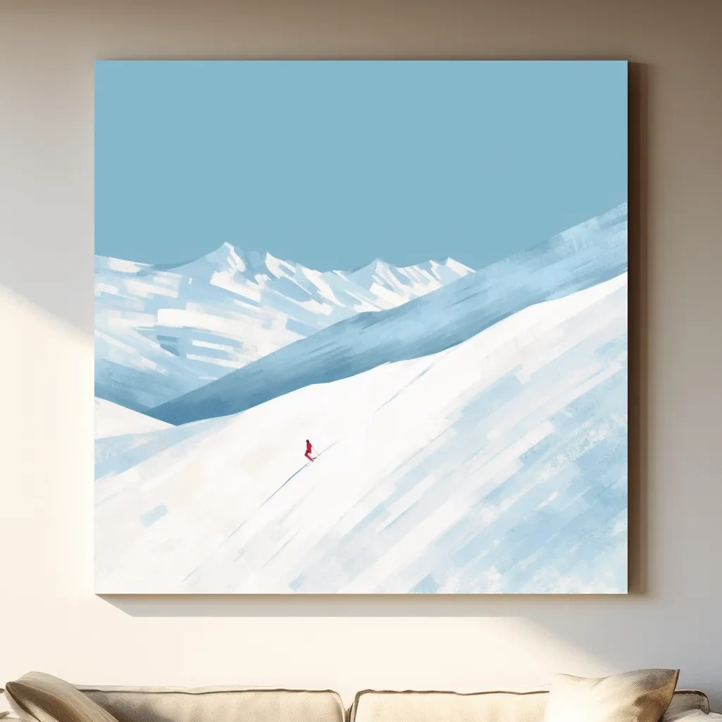 Minimalist Snowy Mountain Skier Painting - Alpine Winter Wall Art