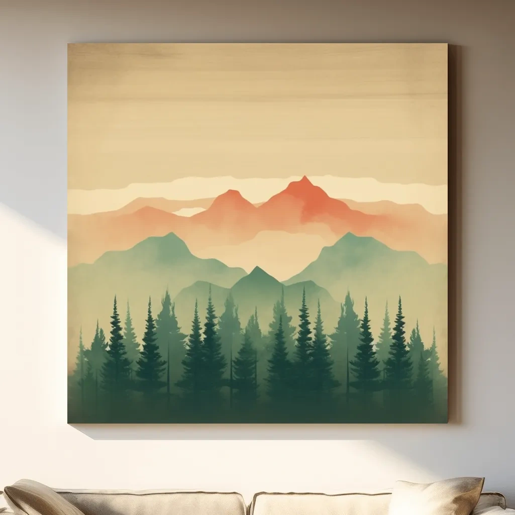 Minimal mountain artwork, treeline in the alpine mist