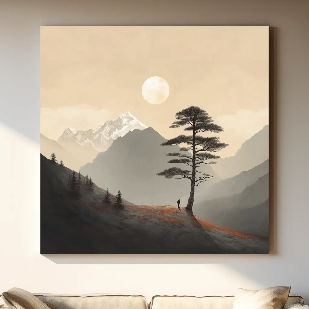 Minimal mountain art, lonely tree