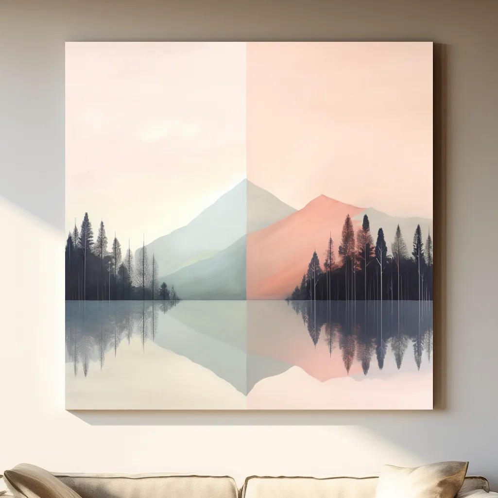 Mimimal mountain art, alpine treelined lake