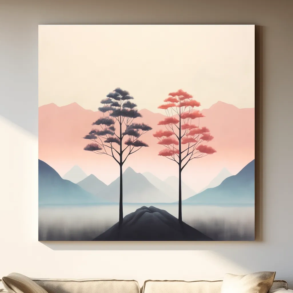 Minimalist Twin Pine Trees Landscape - Serene Pastel Mountain Lake Wall Art
