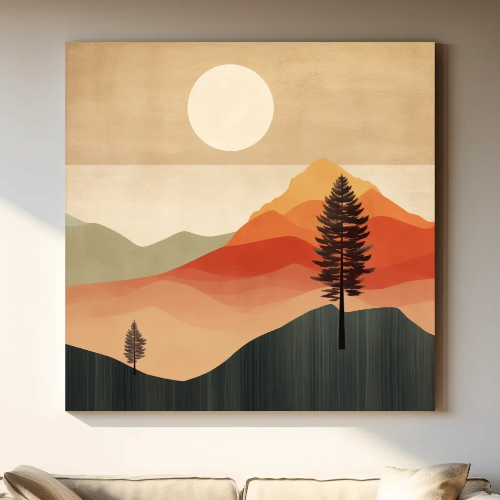 Mimimalist mountain art, sunset over the mountains