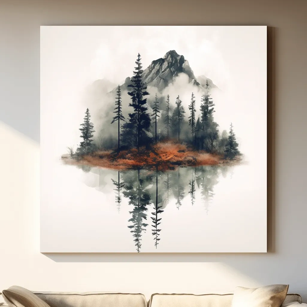 Minimal art, trees reflecting from a lake