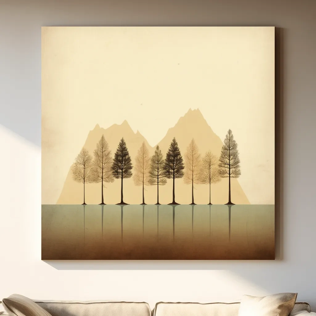 Minimal mountain art, treeline on the lake