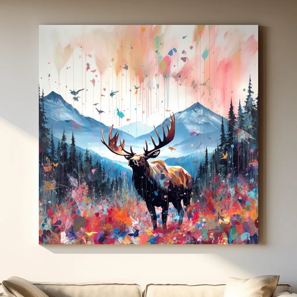 Abstract splattered painting of a large moose