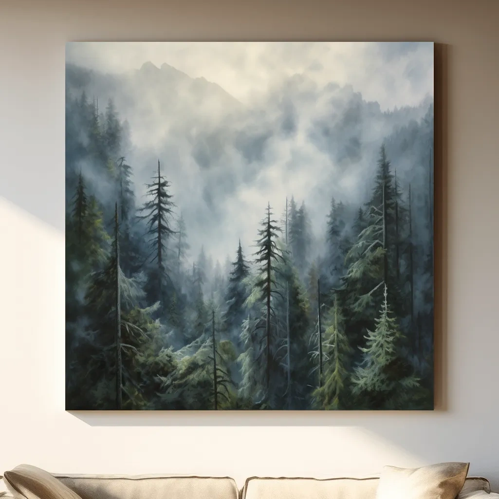 Moody Misty Pine Forest Mountains - Atmospheric Landscape Painting Wall Art