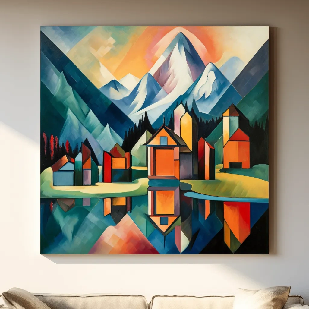 Abstract painting of a mountain town by a glacier