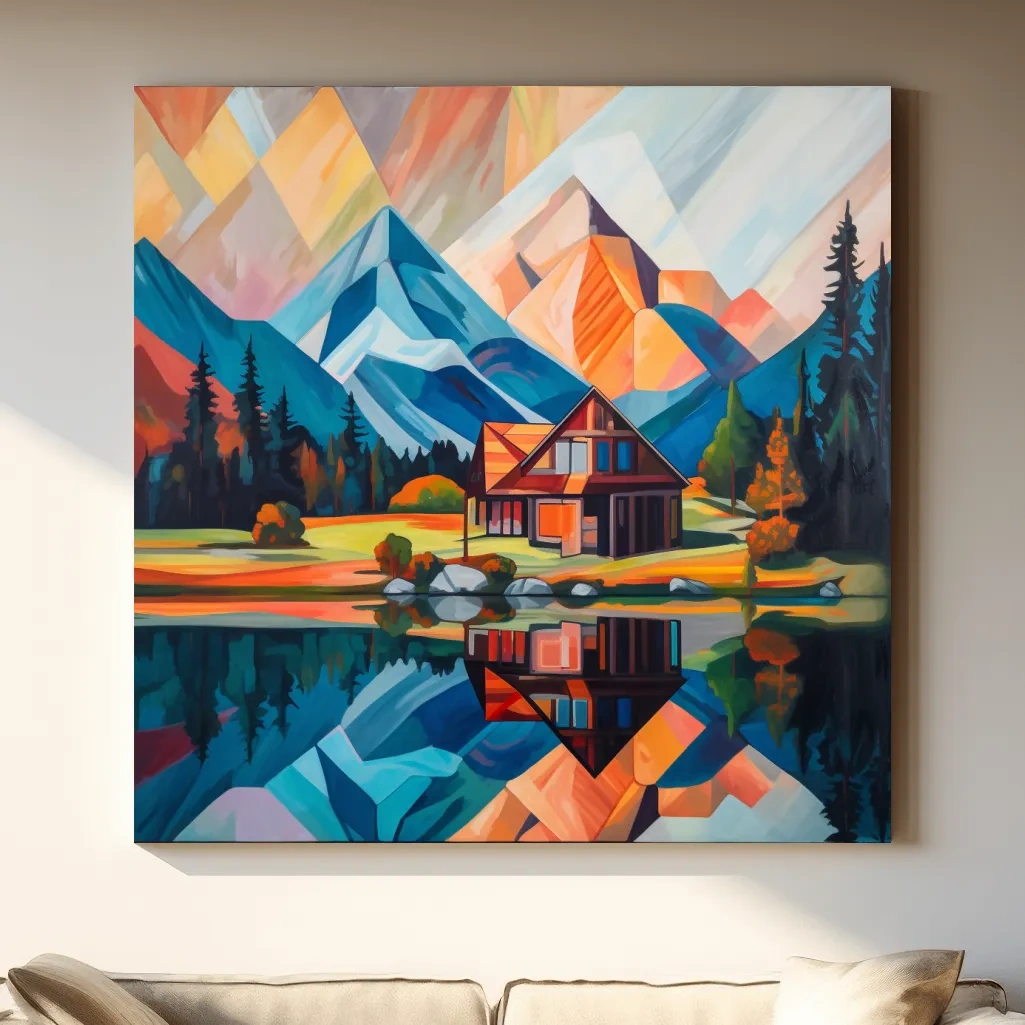 Abstract painting of a cabin by a lake at sunrise