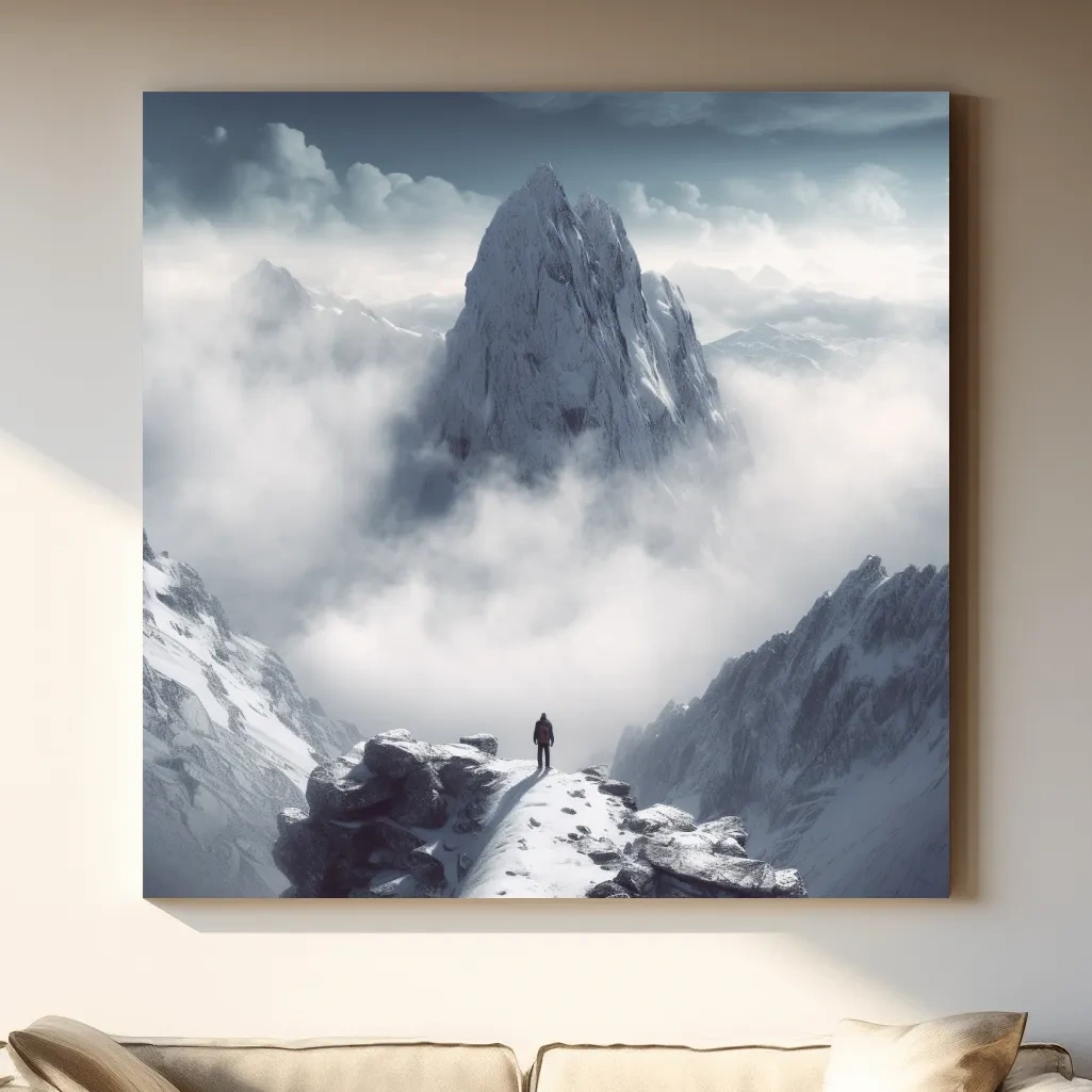 Photographic art of a person standing on a snowy mountain ridge