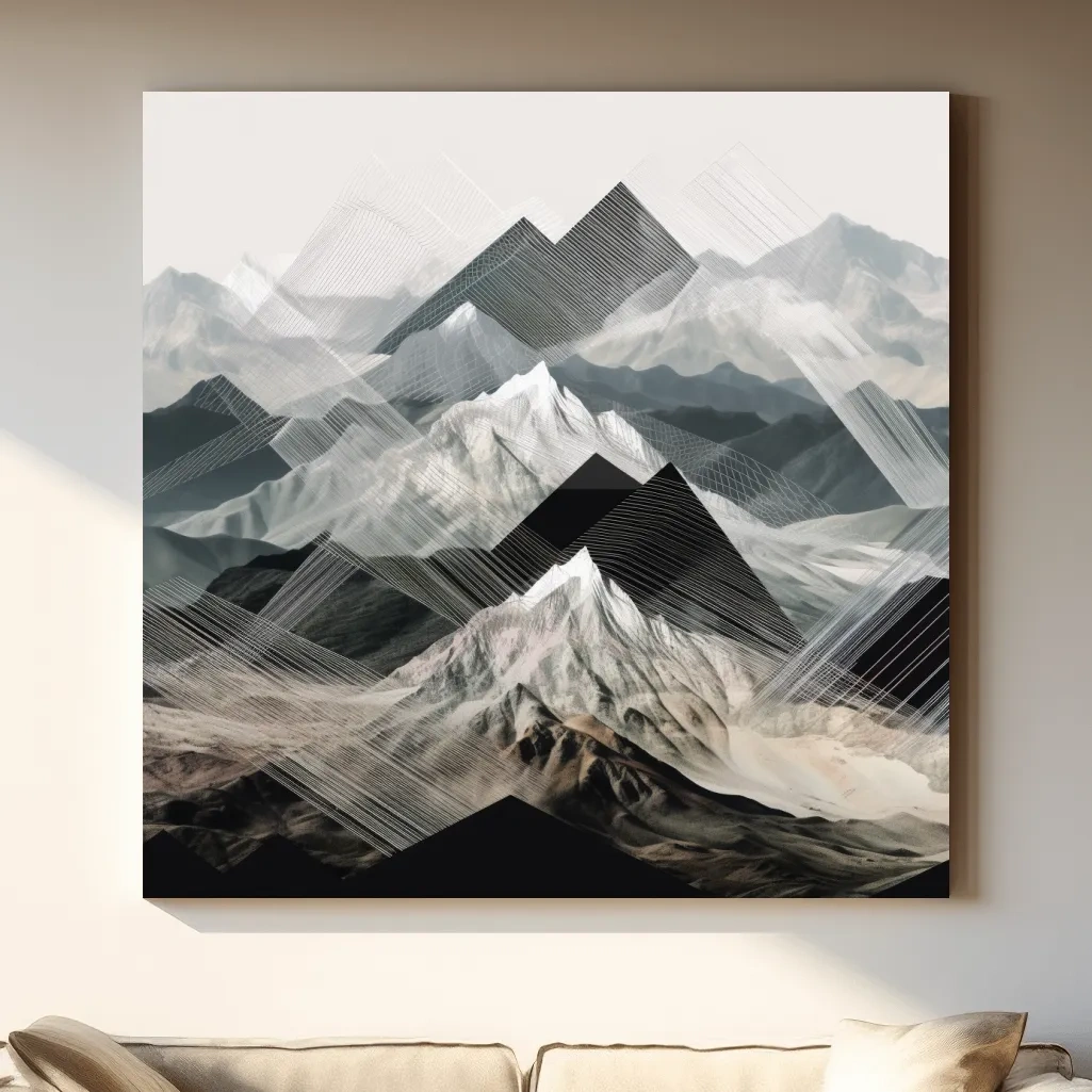 Photographic mountain art, overlayed with abstract lines