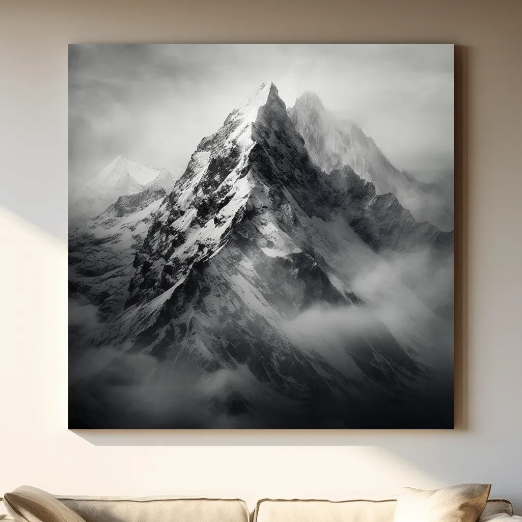 Photographic art, ominous snowy peaks in the clouds