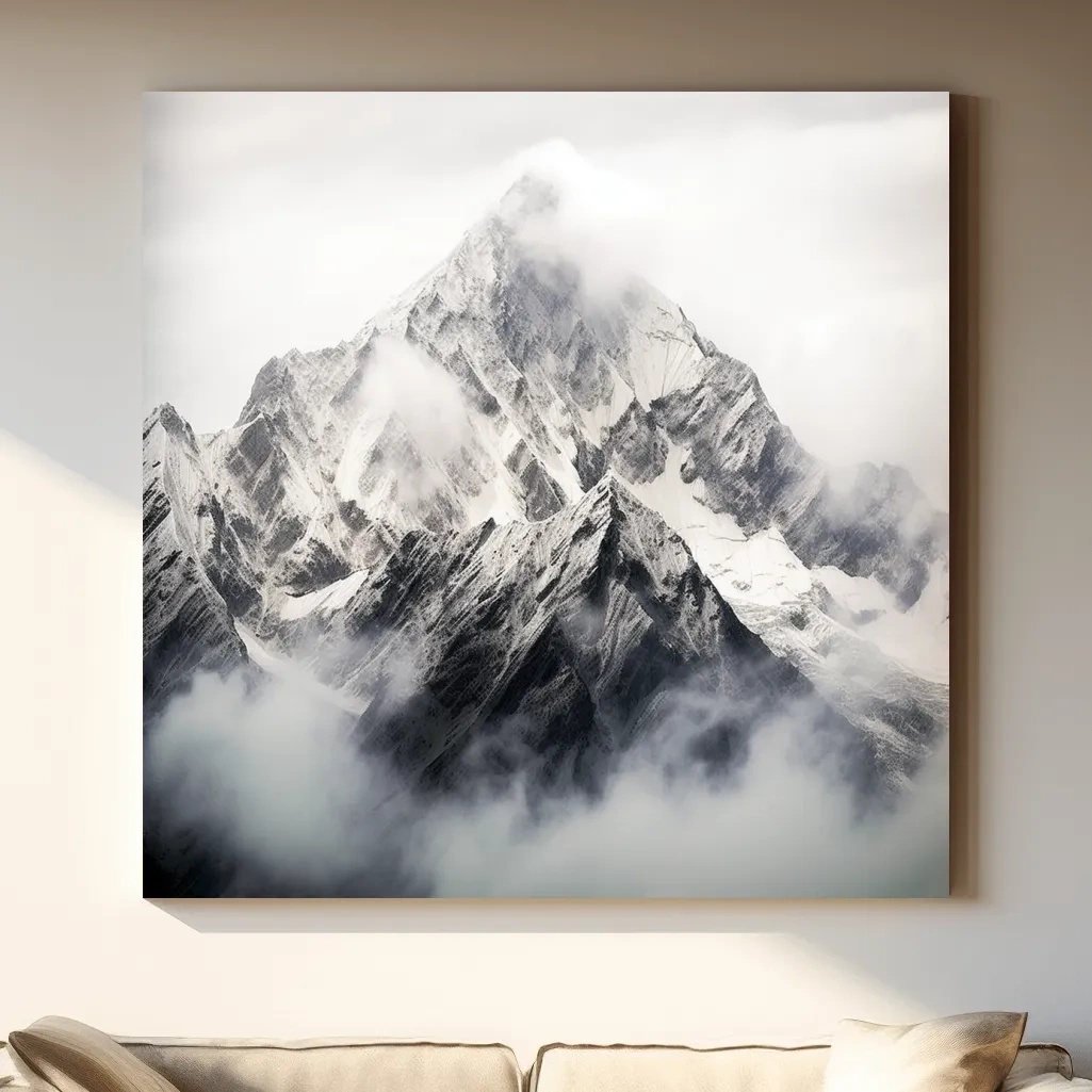 Photographic art, snowy glacier in the clouds