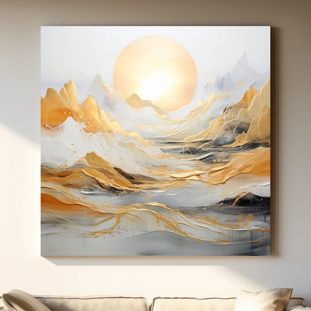 Mountain landscape art, gold leaf painting style
