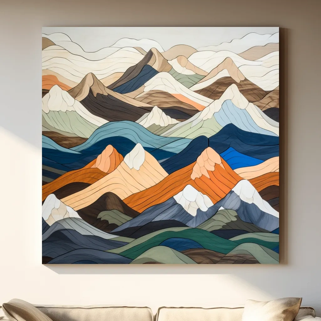 Wooden art, snow mountain peaks