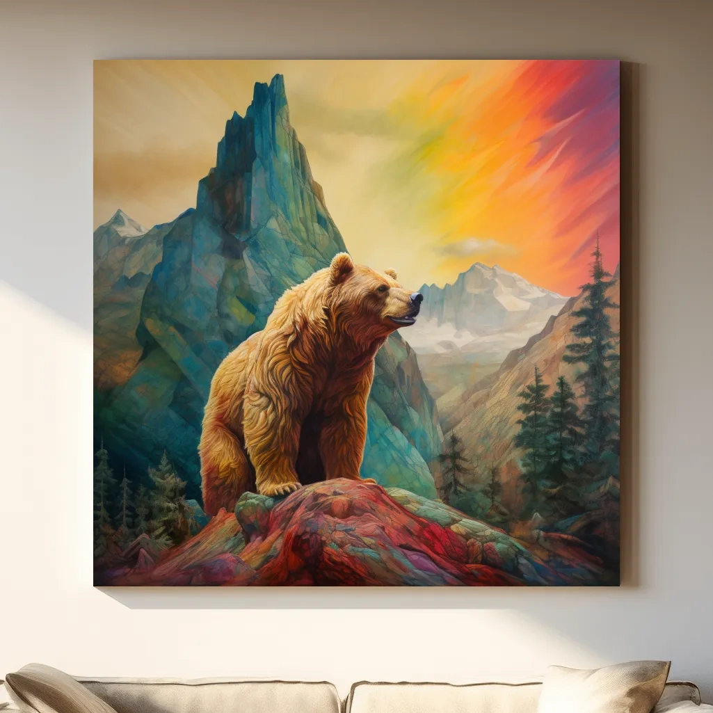 Majestic Grizzly Bear Mountain Landscape - Vibrant Painting Style Wildlife Wall Art