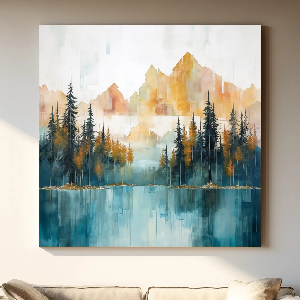 Abstract Watercolor Alpine Lake Reflection - Misty Mountain Forest Wall Art