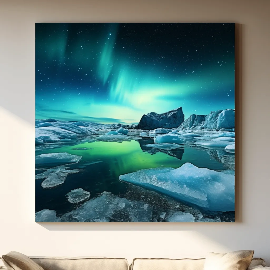 Photographic art, turquoise northen lights over the artic ice