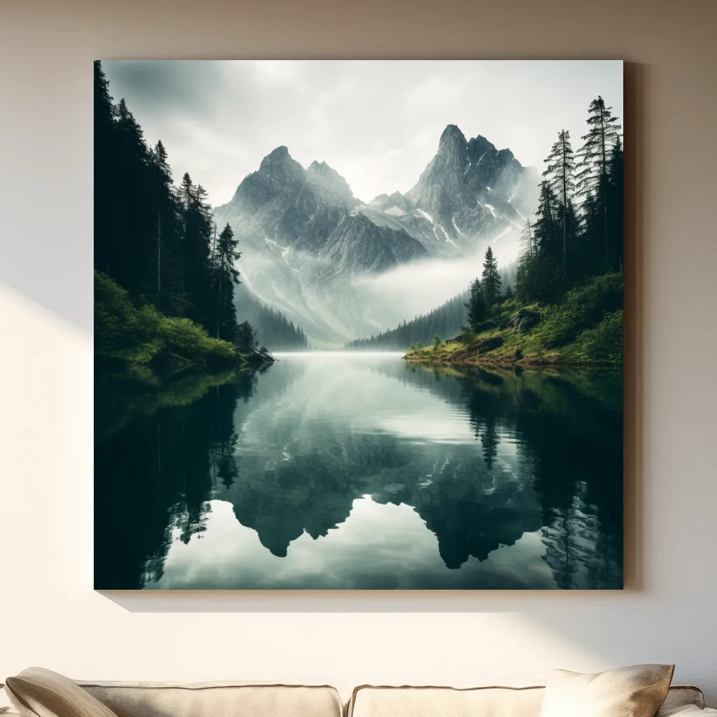 Misty Alpine Mountain Lake Reflection - Moody Pine Forest Photographic Wall Art