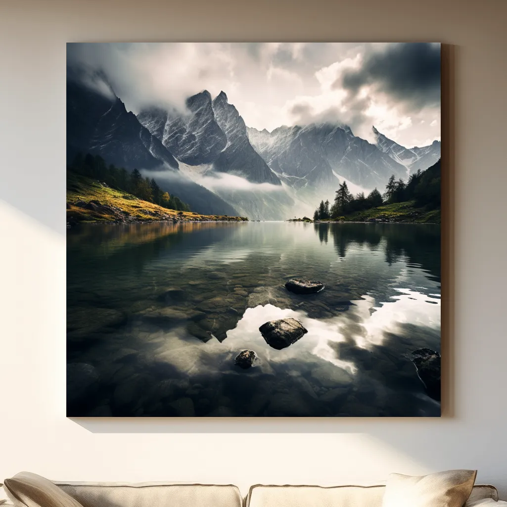 Photographic art, dramatic clouds over an alpine lake