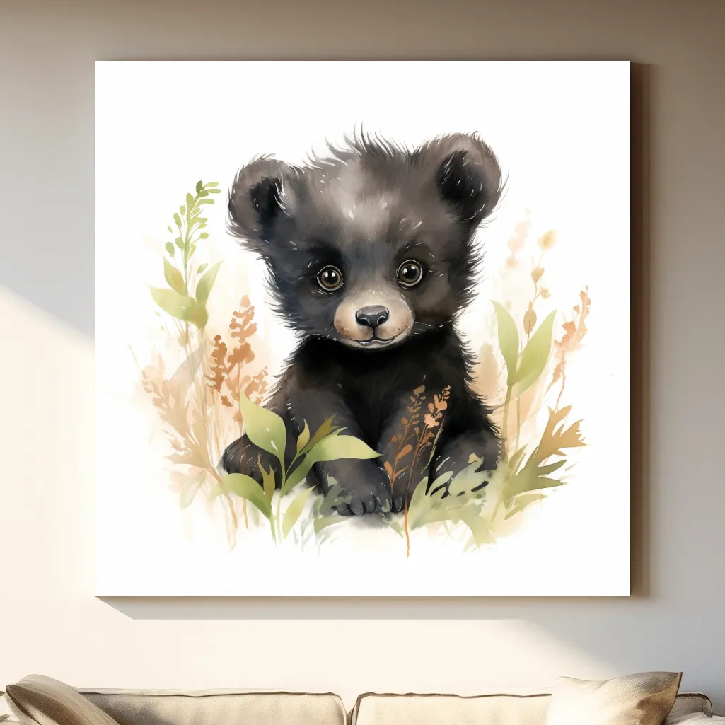 Watercolor painting of a cute black bear cub, nursery art painting