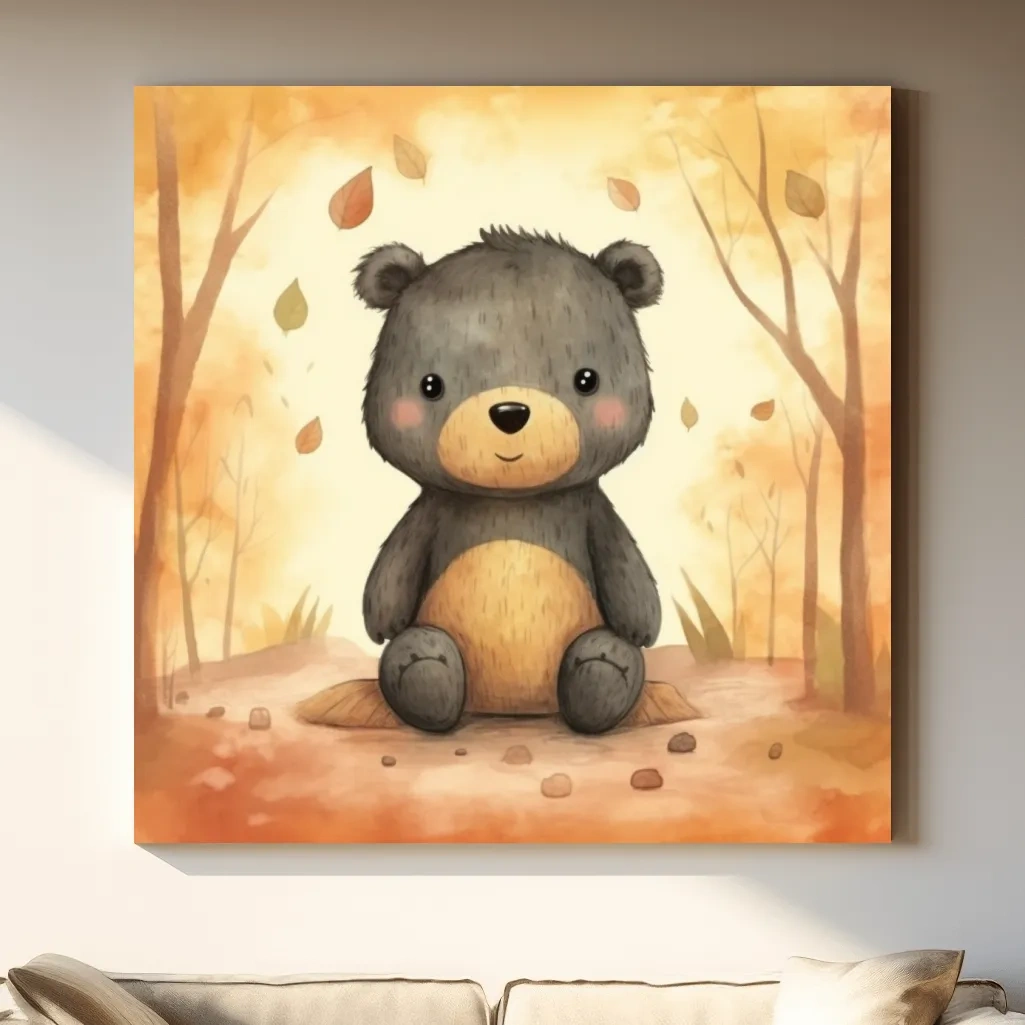 Cute Watercolor Teddy Bear Forest Illustration - Whimsical Nursery Wall Art