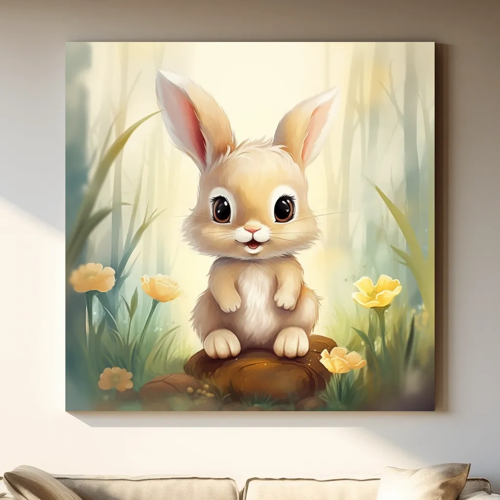 Nursery art - illustration of a cute bunny rabbit in the forest