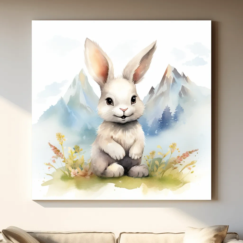 Nursery art - watercolor painting of a cute bunny rabbit in the mountains