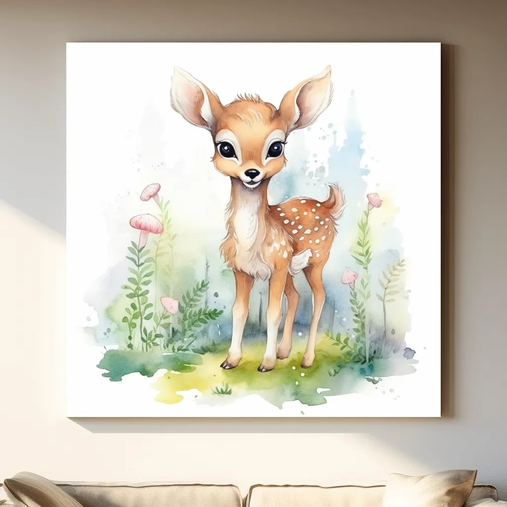 Nursery art, watercolor painting of a cute fawn in the forest