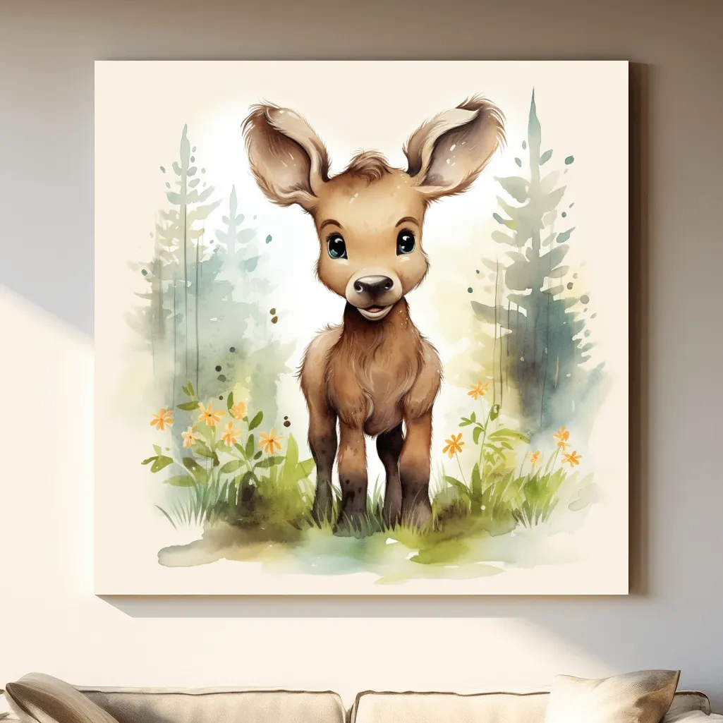 Nursery art watercolor painting, a cute baby deer in the forest