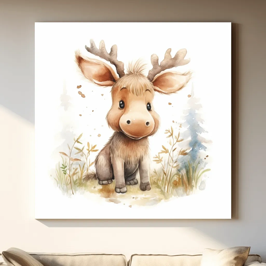 Watercolor illustration, a cute baby moose in the forest, nursery art 
