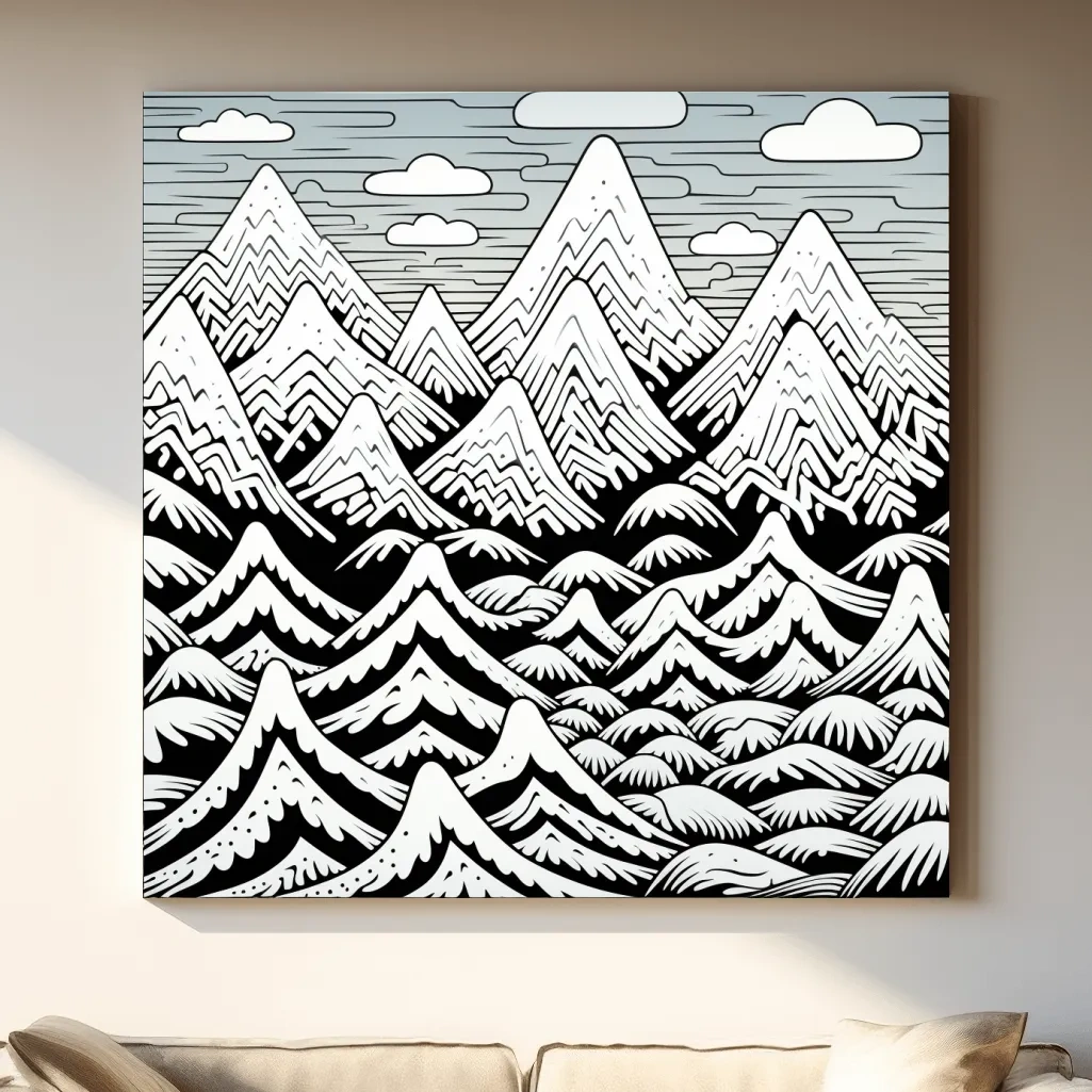 Black and white illustration drawing of snowy mountain patterns