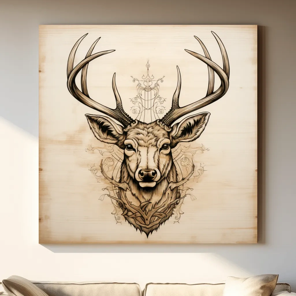 Ornate Deer Head on Wood Sketch Illustration - Rustic Wildlife Wall Art